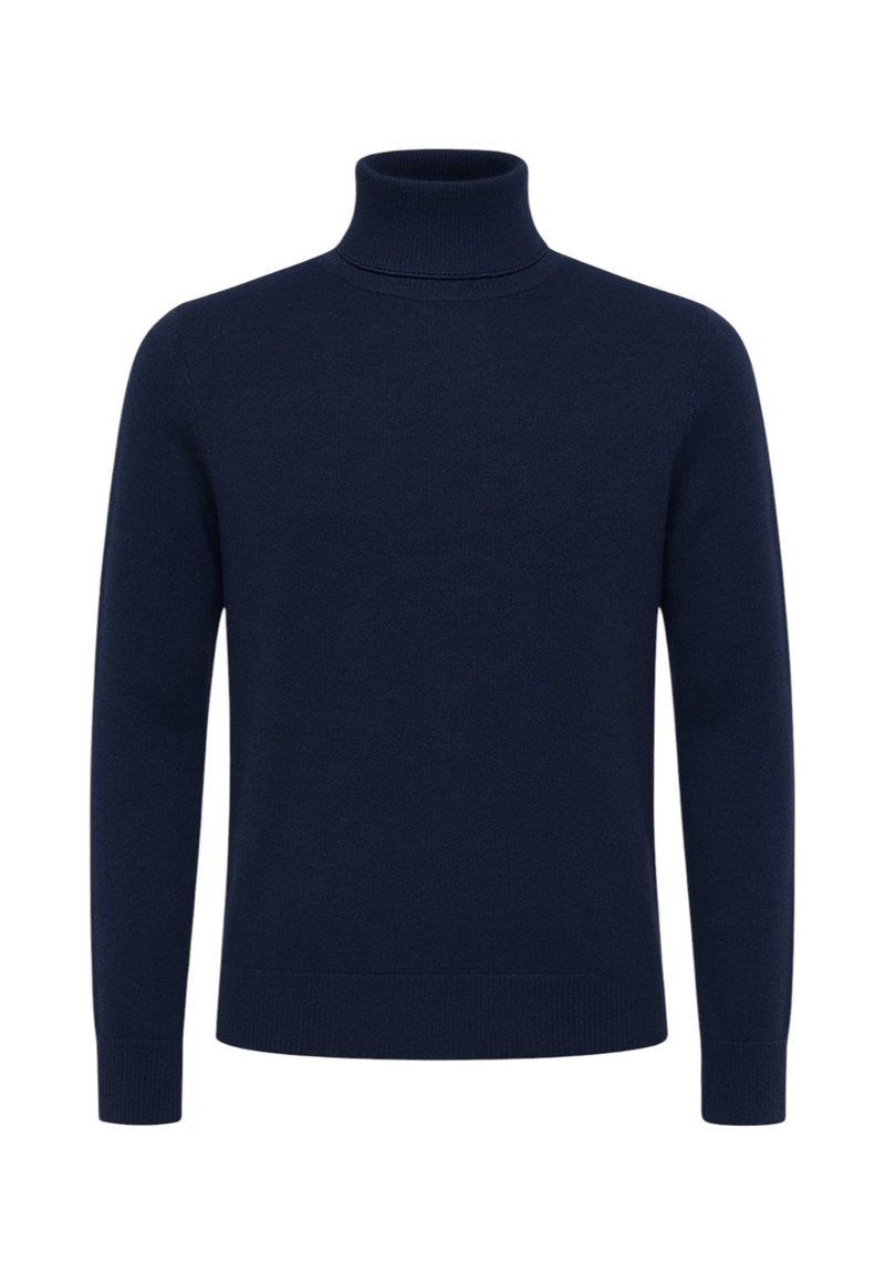 Maglione dolcevita blu navy, realizzato in tessuto morbido, con maniche lunghe, polsini e orlo a coste, dal taglio aderente per un aspetto slanciato.