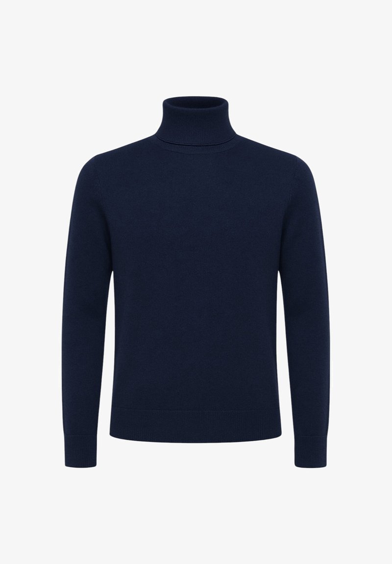 Maglione dolcevita blu navy, realizzato in tessuto morbido, con maniche lunghe, polsini e orlo a coste, dal taglio aderente per un aspetto slanciato.
