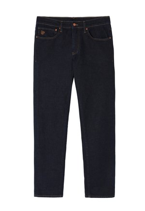 Dunkelblaue Denim-Jeans mit geradem Schnitt, orangefarbenen Nähten, fünf Taschen sowie einem Frontverschluss mit Knopf und Reißverschluss.