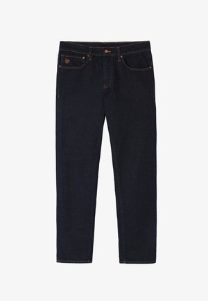 Mørkeblå denim jeans med lige pasform, orange syninger, fem lommer og knap- samt lynlås-lukning foran.