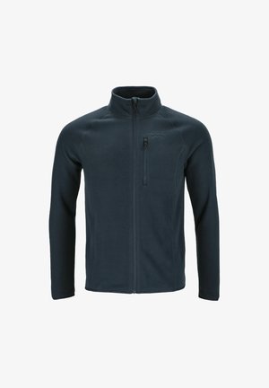 Fleece jacket in dark navy with a high collar, full front zipper, and a chest pocket with zipper. Smooth texture and fitted silhouette.