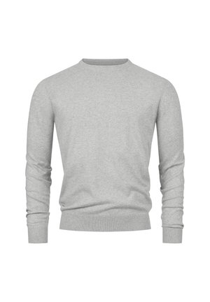 Pull à manches longues gris clair avec col rond, poignets et ourlet côtelés, présenté sur un fond blanc.