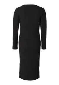 Schwarzes ribbed lange Ärmel Kleid mit Rundhalsausschnitt, figurbetonter Form, seitlichen Schlittelöchern und weicher Textur. Entworfen für ein schlankes, minimalistisches Erscheinungsbild.