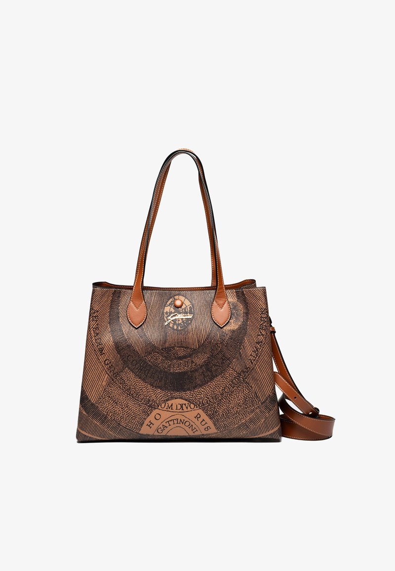 Bruine tote bag met donkere cirkelpatronen, leren handvatten, een drukknoopsluiting en een afneembare schouderriem, met merktext op de voorkant.