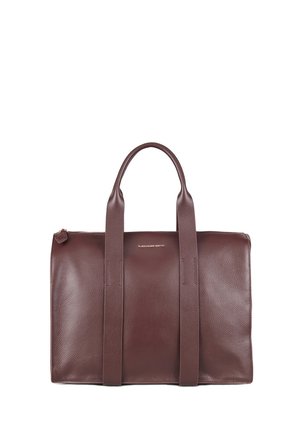Borsa tote in pelle marrone scuro con doppio manico e chiusura con cerniera, caratterizzata da un piccolo logo centrale sul pannello frontale.