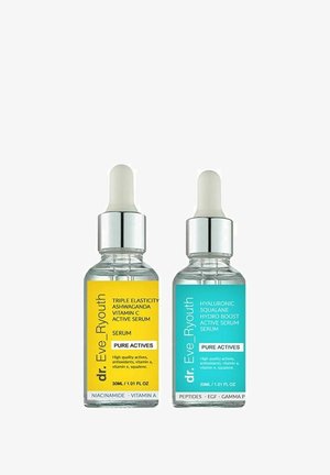 Clear glass serum bottles with droppers. Left: yellow label for "Triple Elasticity" serum. Right: teal label for "Hyaluronic Squalane" serum.