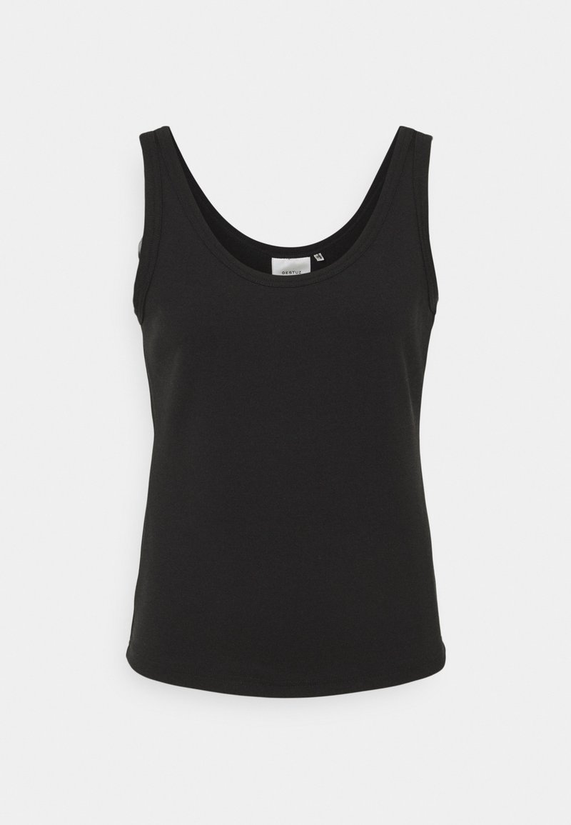 Débardeur noir en coton sans manches à col rond avec une petite étiquette de marque blanche à l'intérieur du col sur un fond clair uni.