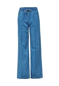 Pantalons en denim bleu clair à jambes larges, avec une taille élastique et un cordon de serrage, dotés de poches avant et de détails de coutures verticales discrètes.