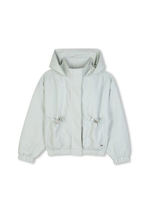 Veste à capuche vert clair, avec des manches élastiques, deux poches avant avec cordons de serrage, et un ourlet droit. Tissu lisse et léger.