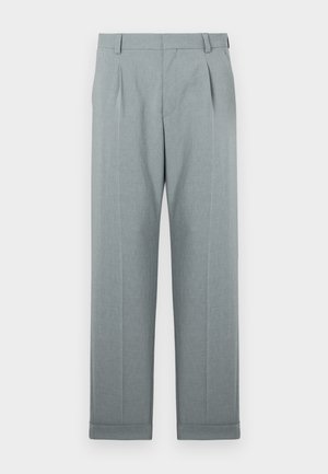 Light gray trousers made of a textured fabric with a straight-leg design, single pleats, and cuffed hems. Minimalist and tailored appearance.