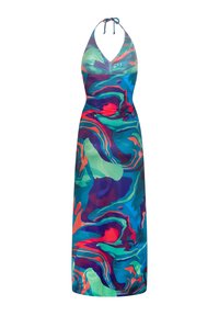 Halternekk-Maxikleid aus leichten Stoff mit einem bunten Wirbelmuster in Blau, Grün, Rot und Lila. Glatte Textur.