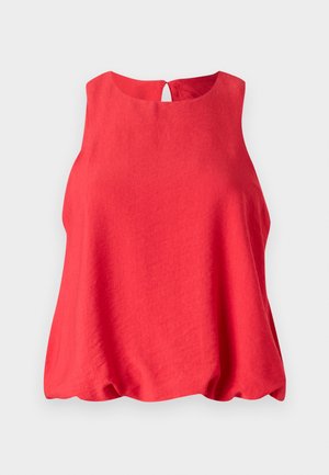 Top sans manches rouge avec un col rond et un dos en forme de clef. Fabriqué en tissu léger, il offre une coupe fluide et ample ainsi qu'une texture douce.