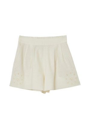 Cremfarbene Damen-Shorts mit einem elastischen Bund und floralen Stickereien nahe dem Saum an beiden Beinen.