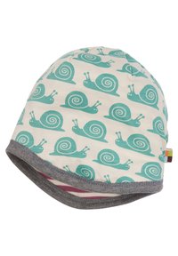 Verstellbare Baumwollmütze mit einem türkisen Schneckenmuster auf hellbeigem Hintergrund, mit einem grauen Kontrastsaum und weichem Innenfutter.