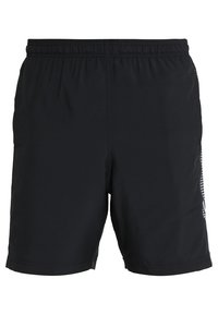 Svarta idrottsshorts med elastisk midje, med en sidopanel i mesh med ett geometriskt mönster för andningsförmåga. Lättviktsmaterial.