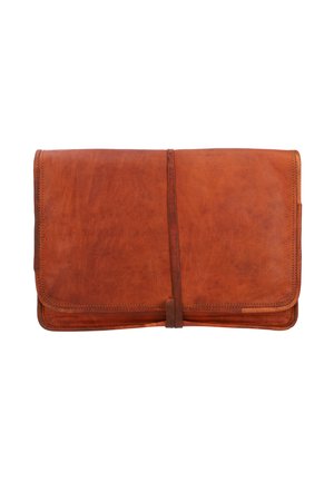 Brown leather laptop sleeve with a smooth texture, rectangular shape, stitched edges, and a leather strap closure.