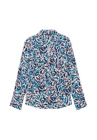 Camicia a maniche lunghe con bottoni di colore bianco, decorata con un motivo vorticoso in tonalità turchese, blu navy e arancione. Presenta due tasche frontali e un colletto.