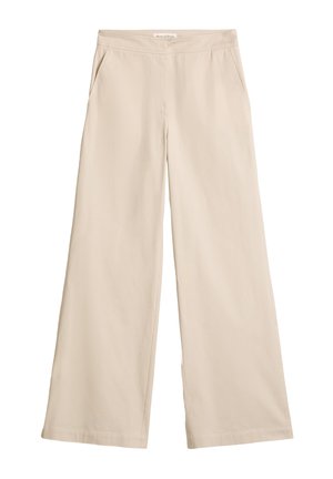 Pantalon beige à jambes larges avec poches latérales et ceinture plate, en tissu lisse, présenté sur un fond blanc.