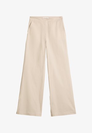 Pantalon beige à jambes larges avec poches latérales et ceinture plate, en tissu lisse, présenté sur un fond blanc.
