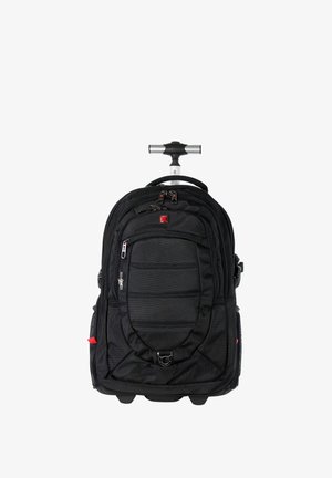 Zwarte rugzak op wielen met uitschuifbare handgreep, meerdere met rits afsluitbare vakken en zijvakken van gaas, op een witte achtergrond.