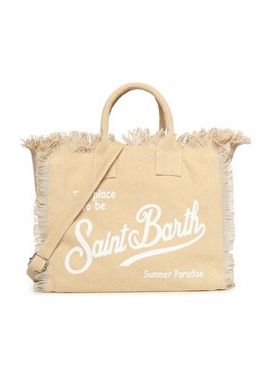 Bolso tote de lona beige con bordes de flecos, asas superiores, una correa de hombro ajustable y texto blanco que dice "Saint Barth Summer Paradise."