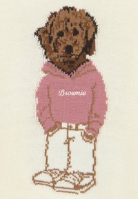 Strickdesign mit einem braunen Hund, der einen pinken Hoodie mit dem Schriftzug "Brownie", weiße Hosen und braune Schuhe trägt, vor einem cremefarbenen Hintergrund.