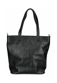 Borsa a tracolla in pelle nera con due manici allungati, esterno testurizzato e un design spazioso con un dettaglio di cucitura centrale.