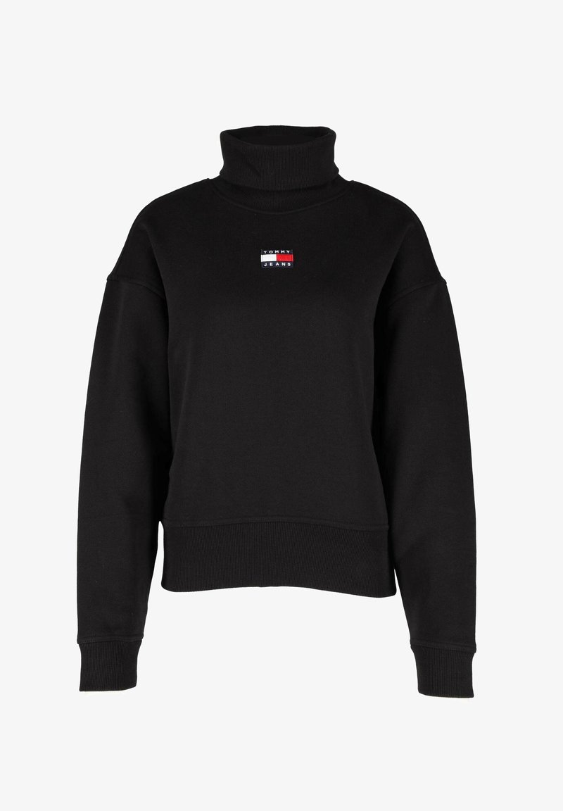 Zwarte sweatshirt met een hoge kraag, ribgebreide boorden en zoom, met een kleine rood, wit en blauwe logo patch op de borst. Zachte stof textuur.