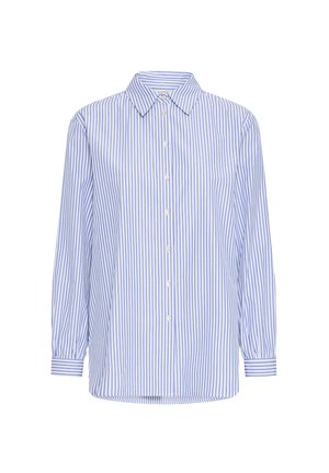 Camicia a maniche lunghe con bottoni, a righe verticali blu e bianche, e colletto a punta su sfondo bianco.