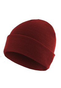 Bonnet en tricot rouge avec une texture côtelée et un revers retroussé. Le tissu est doux et extensible, conçu pour s'adapter étroitement à la tête.