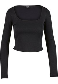 Svart cropped langermet topp laget av teksturert stoff med firkantet utringning. Har en tettsittende design og lett shimmer.