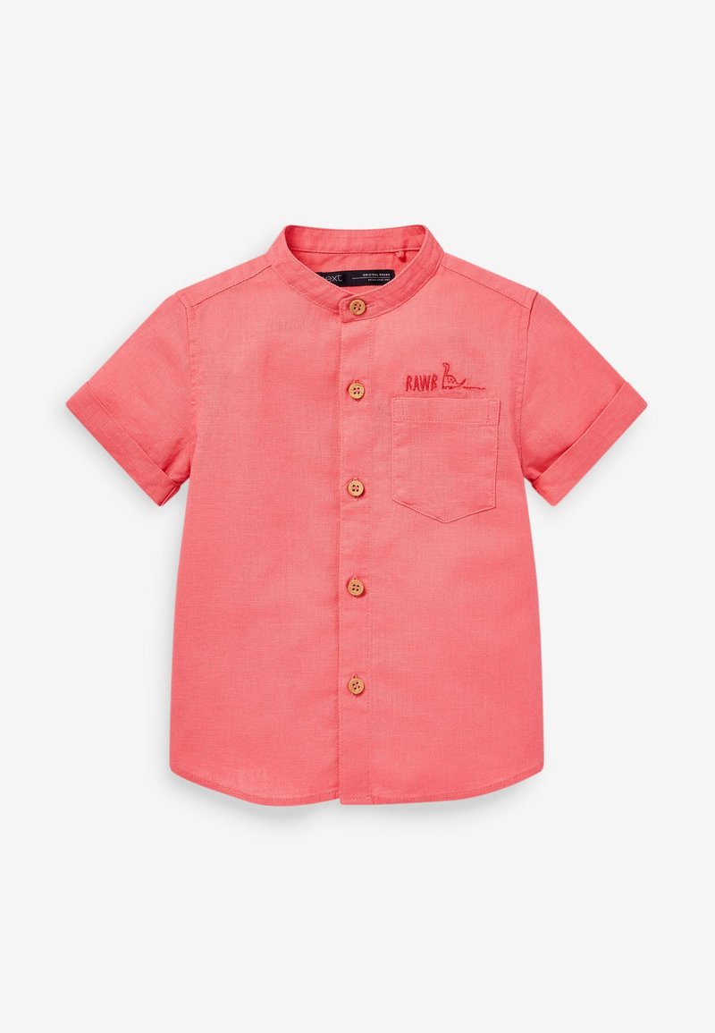 Chemise corail à manches courtes avec col mandarin, poche poitrine, boutons en bois et texte "RAWR" avec broderie de dinosaure.