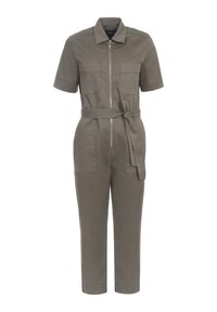 Khaki jumpsuit with short sleeves, zip front, two chest pockets, and a waist tie. Made from a lightweight, smooth fabric.