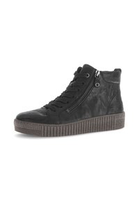 Zwarte leren high-top sneakers met een gestructureerd oppervlak, voorzien van een zijrits, een vetersluiting aan de voorkant en een ribbelrubberen zool.