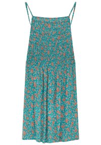 Robe fleurie turquoise avec corsage froncé et fines bretelles. Présente des motifs floraux rouges et blancs sur un tissu fluide, longueur jusqu'aux genoux.