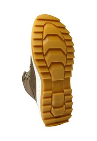 Brązowa podeszwa buta z textured górnym gumowym bieżnikiem. Posiada głębokie żłobienia i białą podszewkę. Wyraźne oznaczenie rozmiaru "36."