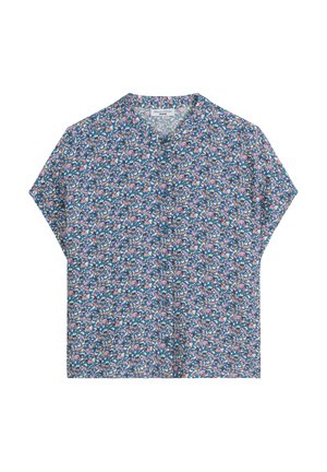 Short-sleeve button-up shirt featuring a blue background with a floral pattern in pink, green, and brown. Lightweight fabric with a collar.