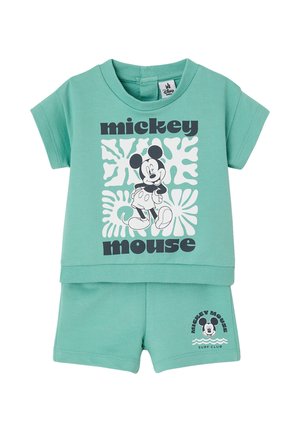 Children's turquoise short-sleeve top and shorts set featuring Mickey Mouse graphics and text "mickey mouse" on top and "Mickey Mouse Surf Club" on shorts.