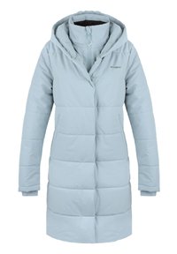 Light blue puffy coat with a hood, designed with quilted sections, front zip closure, and logo detail on the chest.