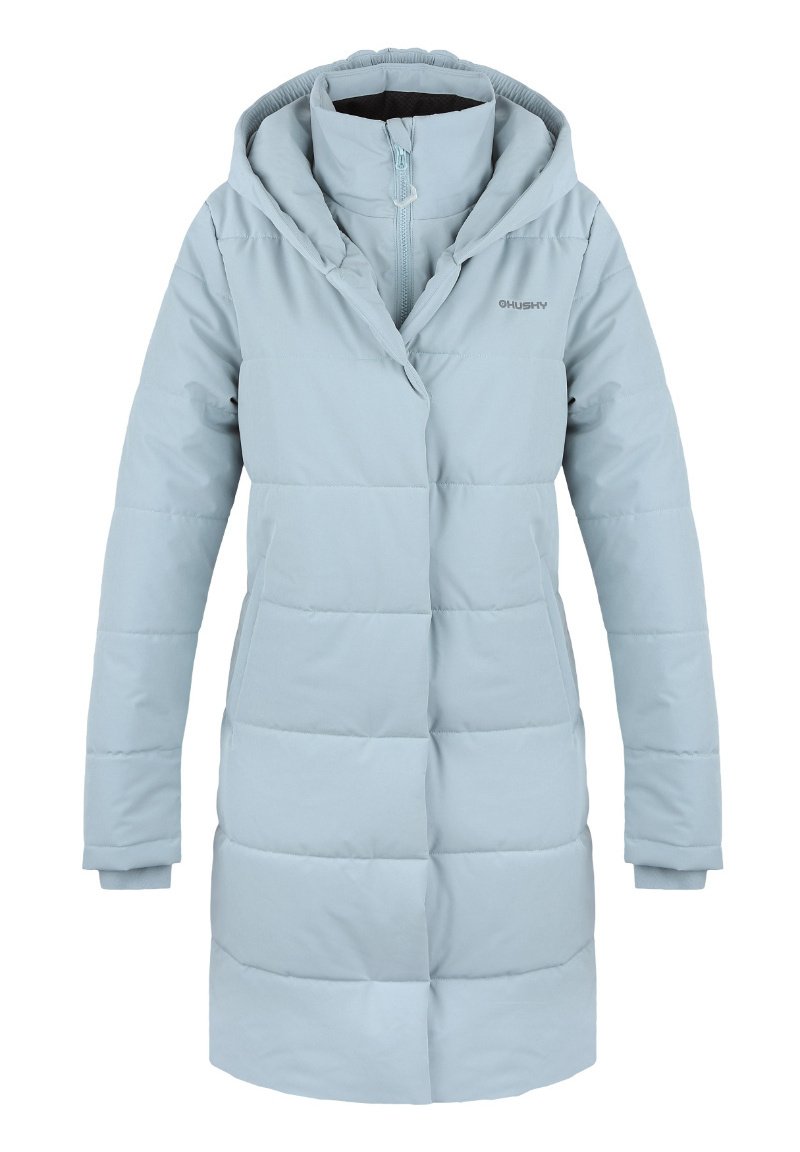 Light blue puffy coat with a hood, designed with quilted sections, front zip closure, and logo detail on the chest.