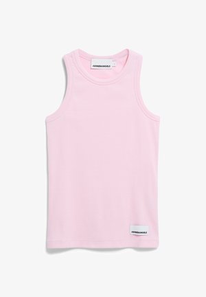 Roze geribbelde tanktop met een ronde hals, met een merklabel aan de zoom. Lichtgewicht, aansluitend ontwerp zonder mouwen of extra accenten.