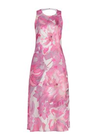 Ärmelloses Blumen-Kleid in Rosa- und Wei�ßtönen, mit einem glatten, leichten Stoff und einem runden Ausschnitt mit einem Ausschnitt-Detail.
