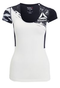 Vitt och marinblått Reebok träningsskjorta med korta ärmar, rundad halsringning och abstrakt svart mönster på ena sidan. Tillverkad av lätt material.