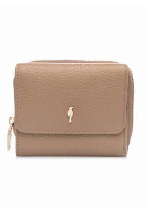 Kompaktowy portfel z taupe ze skóry o teksturowanej powierzchni, z przednią klapką, małym złotym emblematem ptaka oraz suwakiem do przegródki.