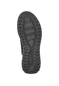 Semelle de chaussure en caoutchouc noir avec un motif de fond profond composé de rainures et de sections surélevées pour l'adhérence et la durabilité.