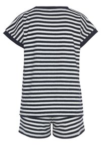Set di pigiama a righe composto da una maglietta a maniche corte e pantaloni corti, realizzato in un morbido tessuto a righe blu navy e bianche, con una vestibilità comoda.