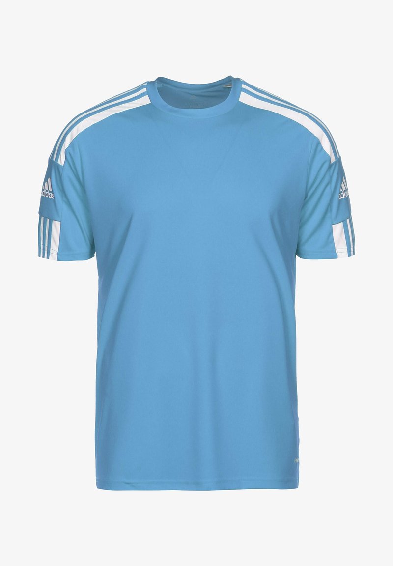 Light blue sports t-shirt made of smooth fabric, featuring white shoulder stripes and short sleeves. Brand logo on left sleeve.
