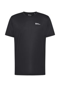 Schwarzes T-Shirt mit kurzen Ärmeln aus glattem Stoff. Hat einen Rundhalsausschnitt und ein kleines weißes Logo auf der oberen linken Seite.