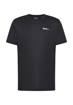 T-shirt nera a maniche corte realizzata in tessuto morbido. Presenta un collo rotondo e un piccolo logo bianco sul lato superiore sinistro.