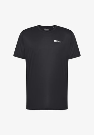 Zwarte t-shirt met korte mouwen van een gladde stof. Heeft een ronde halslijn en een klein wit logo aan de bovenlinkerzijde.